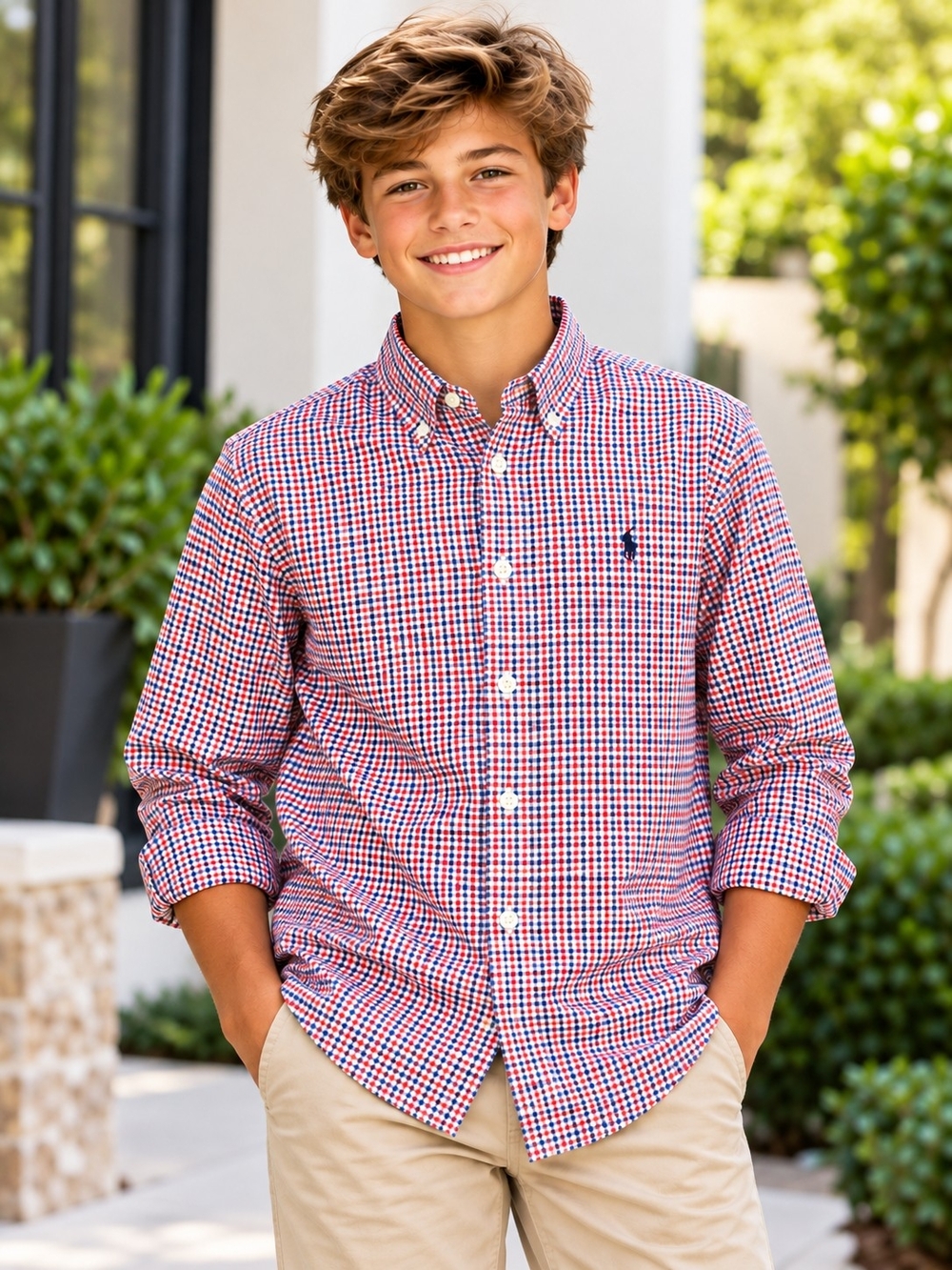 Ralph Lauren Boys XL 18-20 Red Blue Plaid Cotton Button Down Shirt